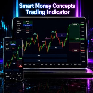 May include: A laptop and a smartphone displaying a Smart Money Concepts Trading Indicator. The screens show a financial candlestick chart with green and red candles, price levels, and labels like BOS, ChoCH, FVG, Target, Entry, and Risk.