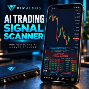 以下が含まれることがあります： VIP ALGOS AI TRADING SIGNAL SCANNERアプリを表示するスマートフォン。画面には赤と緑のローソク足チャート、売買シグナルを含む市場データテーブル、およびAI TRADING SIGNAL SCANNER PROFESSIONAL AI MARKET SCANNERというテキストが表示されています。
