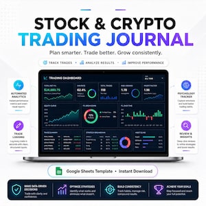 Può includere: Un laptop che mostra un dashboard di trading con dati finanziari, grafici e diagrammi. L'immagine promuove un diario di trading di azioni e criptovalute. Vengono visualizzate metriche come il profitto netto totale, il tasso di vincita e il numero totale di operazioni.