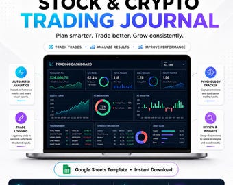 Modèle de feuilles Google de journal de trading d'actions et de crypto-monnaies, journal des transactions Forex, suivi des transactions journalières, tableau de bord des performances