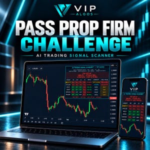 Puede incluir: Un portátil y un teléfono inteligente que muestran la interfaz del escáner de señales de trading con IA VIP ALGOS. Las pantallas muestran gráficos financieros, datos de mercado y el texto PASS PROP FIRM CHALLENGE y TOP SETUP GBPJPY.