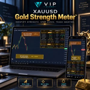 Peut inclure: Un ordinateur portable et un smartphone affichant le logiciel VIP Algos XAUUSD Gold Strength Meter. Les écrans présentent des graphiques financiers avec des données sur l'or, les zones de vente et d'achat, incluant le texte Gold Strength Meter.