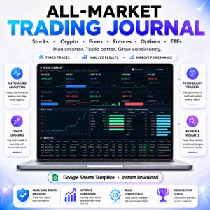Pode incluir: Um laptop exibindo uma interface de diário de negociação com o texto "ALL-MARKET TRADING JOURNAL". A tela mostra visualizações de dados, gráficos e métricas financeiras. O design inclui ícones e texto promovendo recursos.