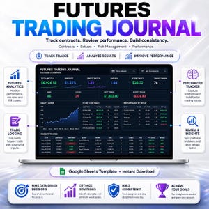 May include: A laptop screen displays a "FUTURES TRADING JOURNAL" interface. The interface shows financial data, charts, and performance metrics. The journal helps track contracts, review performance, and build consistency. The design is blue and white.