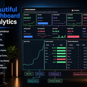 Digital trading journal spreadsheet showing performance dashboard, trade tracking, and instant insights