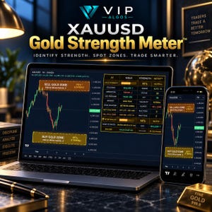 Pode incluir: Um portátil e um smartphone com o software VIP Algos XAUUSD Gold Strength Meter. Os ecrãs mostram gráficos financeiros, zonas de negociação de ouro e tabelas de dados com texto incluindo 'SELL GOLD ZONE', 'BUY GOLD ZONE' e 'GOLD STRENGTH METER'.