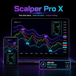 Puede incluir: Un portátil y un smartphone muestran una interfaz de plataforma de trading con el texto "Scalper Pro X". La interfaz muestra un gráfico de líneas fluctuantes con indicadores de compra y venta. La pantalla también muestra "Fast chart alerts. Clean structure. Smarter trading."
