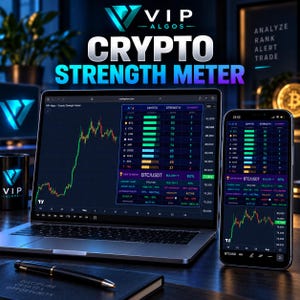 May include: A laptop and a smartphone displaying the VIP Algos Crypto Strength Meter dashboard with real-time market data, charts, and cryptocurrency strength scores. A black pen rests on a notebook in the foreground with the text Discipline Creates Opportunity.