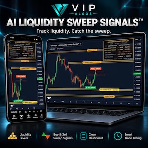 Pode incluir: Um smartphone e um portátil exibindo o software VIP Algos AI Liquidity Sweep Signals. Os ecrãs mostram gráficos financeiros de velas com linhas de liquidez amarelas, marcadores de compra verdes e sinais de venda vermelhos para trading.