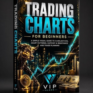 May include: A hardcover book titled Trading Charts For Beginners with a black cover featuring a gold bull statue, a glowing blue upward trend line, stacks of gold coins, and US dollar bills. The text includes the title and VIP Algos logo.