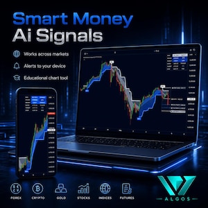 May include: A laptop and smartphone display financial charts with the text "Smart Money Ai Signals." The image shows a trading platform with data visualizations, including currency symbols and the Algoss logo.