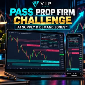 Puede incluir: Un ordenador portátil y un smartphone que muestran gráficos de trading financiero con el texto PASS PROP FIRM CHALLENGE y AI SUPPLY & DEMAND ZONES. Las pantallas muestran patrones de velas, niveles de precios e indicadores técnicos.