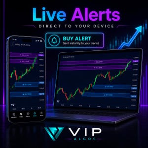Pode incluir: Um smartphone e um laptop exibem uma interface de plataforma de negociação com dados de mercado em tempo real, incluindo zonas de compra e venda. A imagem apresenta o texto "Live Alerts" e "Buy Alert" com um logotipo para VIP ALGOS.