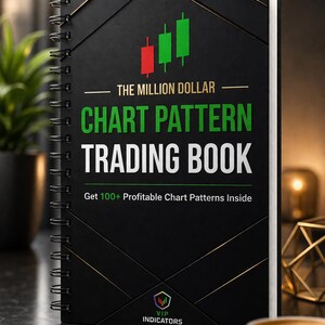May include: A black spiral-bound book titled "THE MILLION DOLLAR CHART PATTERN TRADING BOOK" with green and red chart illustrations. The book cover features the text "Get 100+ Profitable Chart Patterns Inside" and the "VIP INDICATORS" logo.