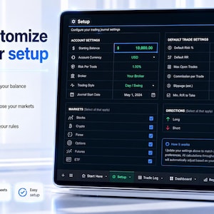 May include: A laptop screen displays a trading journal setup interface. The screen shows account settings, default trade settings, and market options. Text on the screen includes "Customize your setup", "Edit your balance", and "Choose your markets".