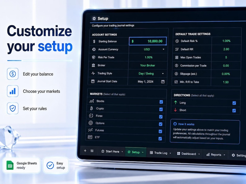 May include: A laptop screen displays a trading journal setup interface. The screen shows account settings, default trade settings, and market options. Text on the screen includes "Customize your setup", "Edit your balance", and "Choose your markets".