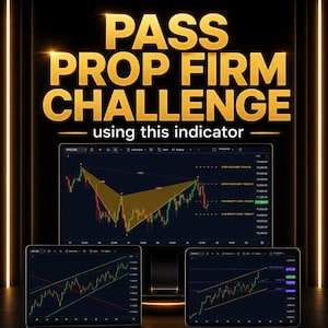 Peut inclure: Un affichage numérique avec le texte doré PASS PROP FIRM CHALLENGE using this indicator au-dessus de trois écrans montrant des graphiques de trading financier avec des chandeliers, des lignes de tendance et des données techniques sur fond sombre.