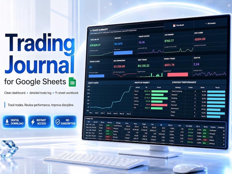Trading Journal Google Sheets, Trade Tracker Spreadsheet, Trading Log Dashboard, Trading Dashboard, Investment Portfolio Tracker