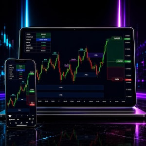 May include: A laptop and smartphone displaying a stock trading interface. The screens show candlestick charts with green and red lines, along with data such as entry, target, and risk levels. The background is dark with neon purple and blue accents.