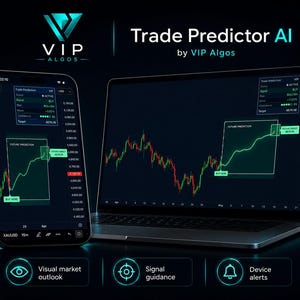 May include: A smartphone and laptop display the "Trade Predictor AI" interface by VIP Algios. The screens show stock charts with green trend lines and the text "Future Prediction." The image also includes icons for visual market outlook, signal guidance, and device alerts.