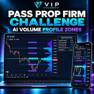 Può includere: Un computer portatile e uno smartphone mostrano grafici di trading finanziario con il testo PASS PROP FIRM CHALLENGE AI VOLUME PROFILE ZONES. Gli schermi visualizzano grafici a candela, indicatori di volume e tabelle dati con etichette.