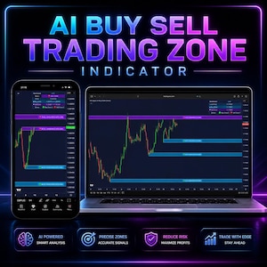 May include: A smartphone and a laptop displaying financial trading charts with the text AI BUY SELL TRADING ZONE INDICATOR. The screens show candlestick graphs with buy and sell zones, while the bottom features icons for AI powered analysis, precise zones, risk reduction, and trading edge.