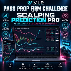 May include: A laptop and smartphone displaying the Scalping Prediction Pro trading software with real-time financial charts, AI forecast data, and oscillator confirmation. The interface shows market trends, volatility, and trade signals against a dark background.