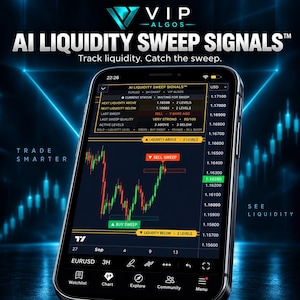 Può includere: Uno smartphone che mostra l'interfaccia di trading AI Liquidity Sweep Signals. Lo schermo presenta un grafico a candele con indicatori di acquisto e vendita, livelli di liquidità e il testo AI Liquidity Sweep Signals.