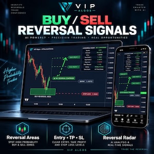 May include: A laptop and smartphone displaying trading software with the text BUY / SELL REVERSAL SIGNALS. The screens show candlestick charts, green buy reversal areas, red stop loss markers, and data panels labelled AI REVERSAL RADAR.