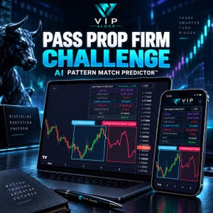 Könnte beinhalten: Ein Laptop und ein Smartphone zeigen die VIP ALGOS Handelsplattform mit einem Musterprognose-Chart. Der Bildschirm zeigt Text wie PASS PROP FIRM CHALLENGE, AI PATTERN MATCH PREDICTOR und Marktdaten. Ein schwarzer Stift und ein Notizbuch liegen bereit.