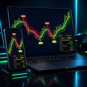 May include: A laptop and smartphone display a stock market trading interface. The screens show a line graph with green and red lines, labeled "LONG" and "SHORT". The phone is in a charging dock, and the laptop is open.