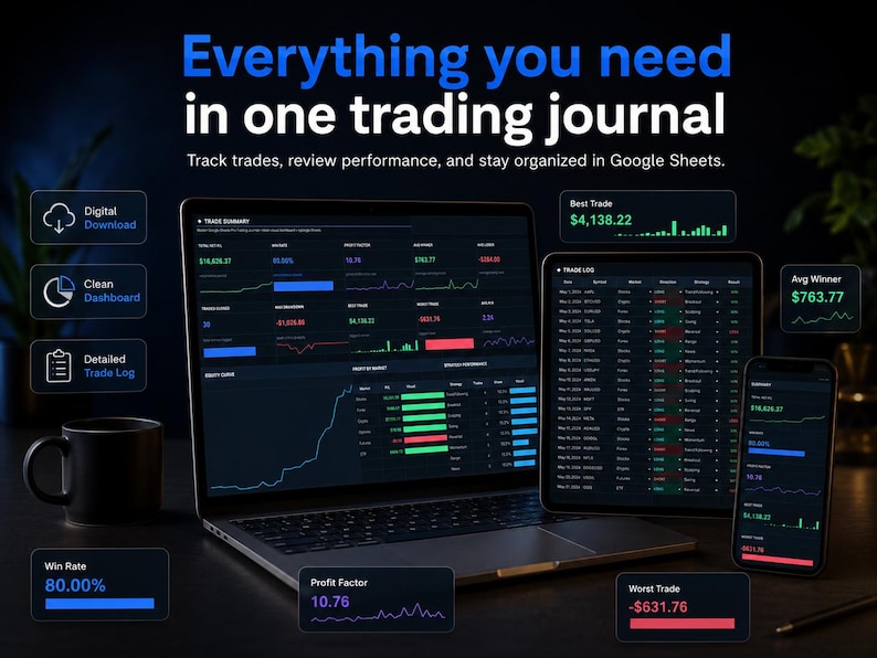 Easy-to-use trading journal workflow showing setup, trade logging, and performance review