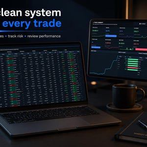 Sleek trading journal spreadsheet with market performance, risk tracking, and strategy breakdown