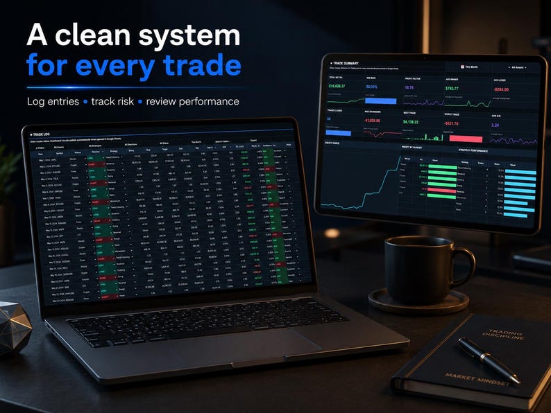 Sleek trading journal spreadsheet with market performance, risk tracking, and strategy breakdown