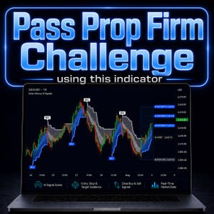 Pode incluir: Uma tela de laptop exibindo um gráfico de negociação financeira para XAUUSD com Smart Money AI Signals. O gráfico apresenta padrões de velas, zonas de tendência azuis e cinzas e etiquetas de compra/venda. Texto: Pass Prop Firm Challenge using this indicator.
