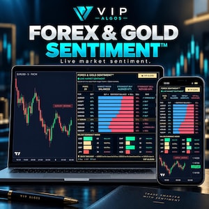May include: A laptop and smartphone displaying the Forex & Gold Sentiment dashboard with live market data, charts, and currency pair analysis. The screen shows tables with buy and sell percentages, market mood indicators, and trading trends.