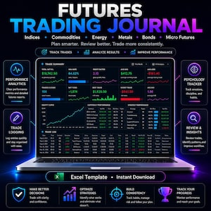 Op de afbeelding: Een laptopscherm toont een "FUTURES TRADING JOURNAL" interface met financiële datavisualisaties. De interface bevat secties voor prestatie-analyse, handelslogboeken en strategieprestaties. Het ontwerp is donker met neonblauwe en paarse accenten, en de tekst "Excel Template • Instant Download" is zichtbaar.