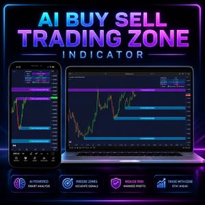 May include: A smartphone and a laptop displaying financial trading charts with the text AI BUY SELL TRADING ZONE INDICATOR. The screens show candlestick graphs with buy and sell zones, while the bottom features icons for AI powered analysis, precise zones, risk reduction, and trading edge.