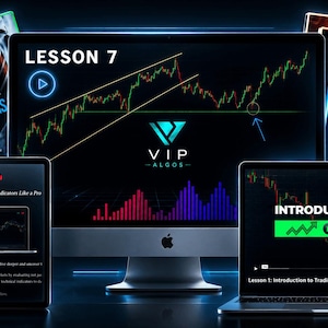 Pode incluir: Uma cole&ccedil;&atilde;o de telas digitais exibindo conte&uacute;do educacional sobre trading financeiro. O monitor central mostra um gr&aacute;fico de a&ccedil;&otilde;es rotulado como LESSON 7 e o logotipo VIP ALGOS. Telas menores apresentam t&iacute;tulos como TRADING FOR BEGINNERS, MASTER CANDLESTICKS e INTRODUCTION TO TRADING.