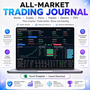May include: A laptop displaying a trading journal interface with the text "ALL-MARKET TRADING JOURNAL." The screen shows financial data, charts, and options for stocks, crypto, forex, futures, options, and ETFs. Features include automated analytics and trade logging.