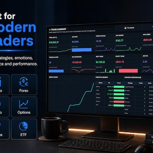 Modern trading journal dashboard on desktop screen with detailed trade log for traders
