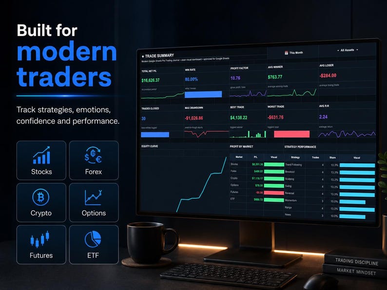 Modern trading journal dashboard on desktop screen with detailed trade log for traders
