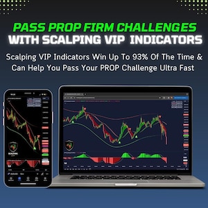 May include: A laptop and smartphone displaying trading charts with green and red lines, and the text "PASS PROP FIRM CHALLENGES WITH SCALPING VIP INDICATORS". The smartphone shows a similar chart. The text also says "Scalping VIP Indicators Win Up To 93% Of The Time & Can Help You Pass Your PROP Challenge Ultra Fast".