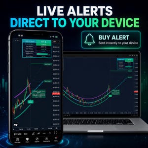May include: A smartphone and laptop show a financial trading interface with charts and data. The screen text reads "LIVE ALERTS DIRECT TO YOUR DEVICE" and "BUY ALERT". The phone displays a green and purple line graph, while the laptop shows a similar chart.