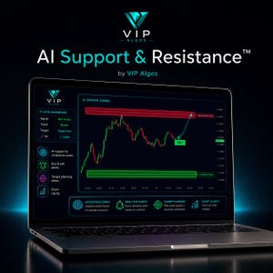 May include: A laptop screen displays the VIP Algos AI Support & Resistance software interface. The dark-themed dashboard features a financial candlestick chart with red resistance and green support zones, buy signals, and technical analysis metrics.