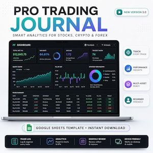 May include: A laptop screen shows the "Pro Trading Journal" interface, displaying financial analytics. The dashboard presents data such as win rate, trades taken, and equity curves. Includes a Google Sheets template and beginner-friendly features.