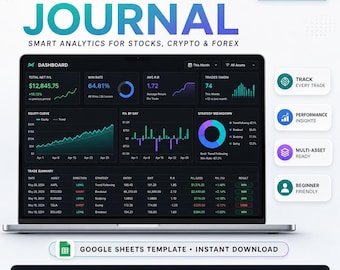 Plantilla de Google Sheets para diario de trading, registro de operaciones de acciones, criptomonedas y Forex, seguimiento de inversiones, panel de control de trading, seguimiento de cartera.