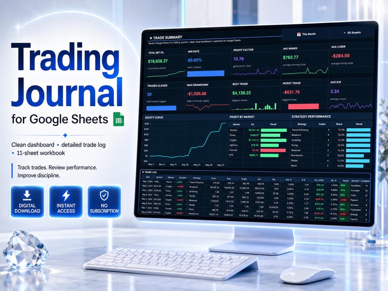 Trading Journal Google Sheets, Trade Tracker Spreadsheet, Trading Log Dashboard, Trading Dashboard, Investment Portfolio Tracker