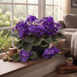 May include: A vibrant African violet plant with deep purple flowers and dark green, fuzzy leaves, potted in a simple black container. The plant is displayed on a wooden ledge alongside a small copper watering can and two stacked vintage books.