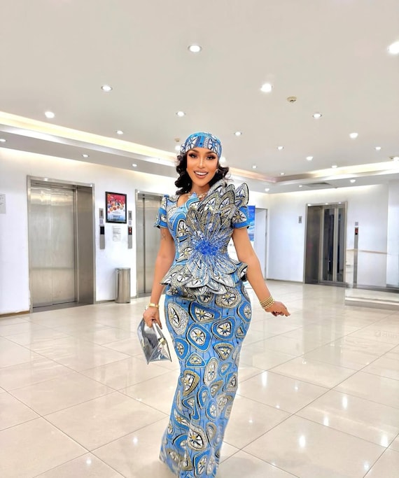 ankara peplum dress designs Handmade Ankara Peplum Gown With Headwrap: Bold African Dress